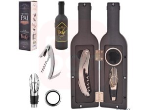 Kit Para Vinho Com Saca Rolha + Anel Corta Gotas 3 Acessorios No Estojo Garrafa Pai