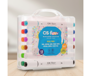Marcador Criativo CIS Flow 12 Cores – Estojo Maleta - Ponta Dupla 